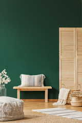 Pillow on stool between flowers and screen in green living room interior with pouf and rug. Real...
