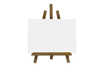 Desktop wooden easel and blank canvas on white background.Isolated objects. The template for the inscription.