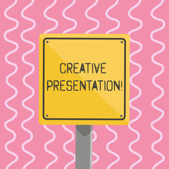 Text sign showing Creative Presentation. Business photo showcasing process of presenting a topic to an audience 3D Square Blank Colorful Caution Road Sign with Black Border Mounted on Wood