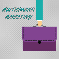 Conceptual hand writing showing Multichannel Marketing. Concept meaning Interacting with customers via multiple channels Businessman Carrying Colorful Briefcase Portfolio Applique