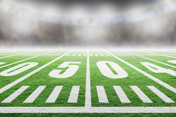American Football Field With Stadium Lights and Copy Space