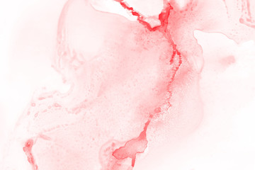 Fototapeta premium Red alcohol ink texture with abstract washes and paint stains on the white paper background.