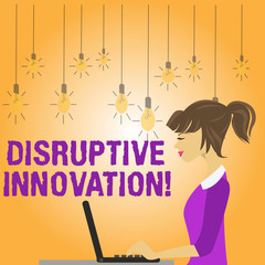 Writing note showing Disruptive Innovation. Business concept for displacing established marketleading firms or product photo of Young Busy Woman Sitting Side View and Working on her Laptop