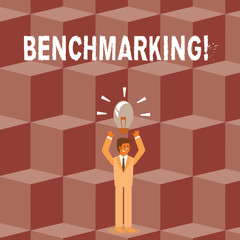 Conceptual hand writing showing Benchmarking. Concept meaning evaluate something by comparison with standard or scores Businessman Raising Arms Upward with Lighted Bulb icon above