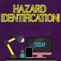 Handwriting text Hazard Identification. Conceptual photo process used to identify hazards in the workplace Arrangement of Workspace for Nightshift Worker with Computer,Tablet and Lamp