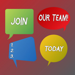 Handwriting text Join Our Team. Conceptual photo invite someone to work together for particular purpose target Blank Speech Bubble Sticker in Different Shapes and Color for Multiple Chat