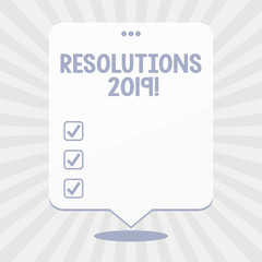 Word writing text Resolutions 2019. Business photo showcasing promise yourself to do or to not doing something this year Blank Space White Speech Balloon Floating with Three Punched Holes on Top