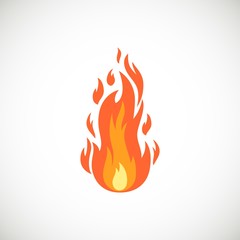 Vector icon of flame in cartoon flat style. Burning bonfire and campfire simple illustration isolated on white background for web, print, decoration, bonfire night. 