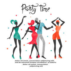 Group of dancing people. Watercolor party vector illustration.