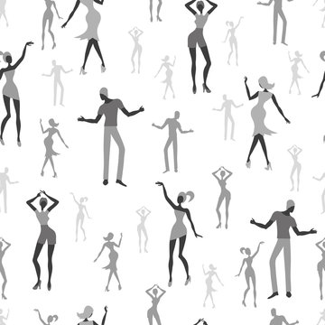 Seamless black and white dancing people pattern.