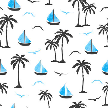 Sea summer seamless pattern with palm trees and ships. © Afanasia