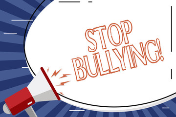 Handwriting text Stop Bullying. Conceptual photo no aggressive behavior among children power imbalance Blank White Huge Oval Shape Sticker and Megaphone Shouting with Volume Icon