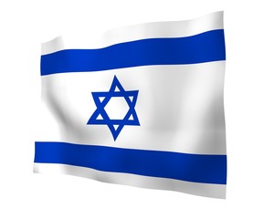The flag of Israel. State symbol of the State of Israel. A blue Star of David between two horizontal blue stripes on a white field. 3d illustration