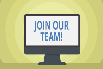 Word writing text Join Our Team. Business photo showcasing asking someone to join the team. Hiring new employees Blank Space Desktop Computer Colorful Monitor Screen Freestanding on Table