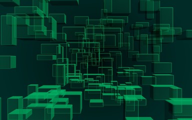 Fototapeta na wymiar Green and dark abstract digital and technology background. The pattern with repeating rectangles. 3D illustration