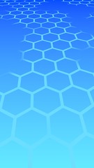 Translucent, with breaks, honeycomb on a gradient blue sky background. Perspective view on polygon look like honeycomb. Isometric geometry. 3D illustration