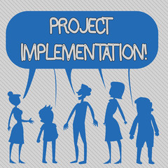 Text sign showing Project Implementation. Business photo showcasing phase where visions and plans become reality Silhouette Figure of People Talking and Sharing One Colorful Speech Bubble