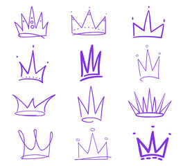 Set of colored crowns on white. Signs for design. Hand drawn simple objects. Line art. Colorful illustration. Sketchy elements for posters and flyers