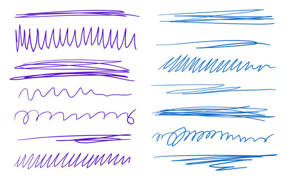 Hand drawn colorful underlines on white. Stroke chaotic patterns. Colored illustration. Sketchy elements for posters and flyers