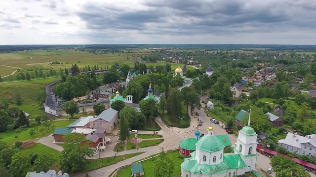 Aerial view on Pskov-Caves monastery or the Pskovo-Pechersky dormition monastery at summer, 4k