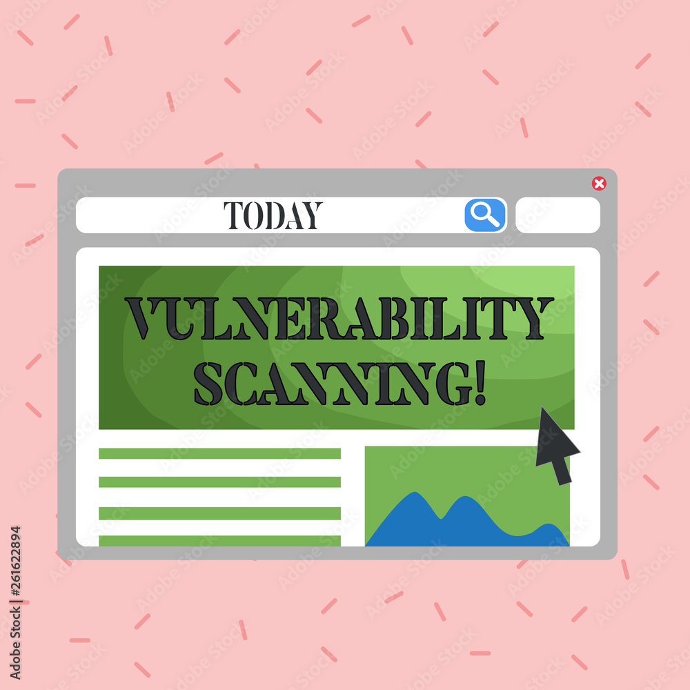 Aufkleber Text sign showing Vulnerability Scanning. Business photo showcasing Check of the potential points of exploit in system Blank Template of Pastel Colorful Website Layout Design for Homepage Format