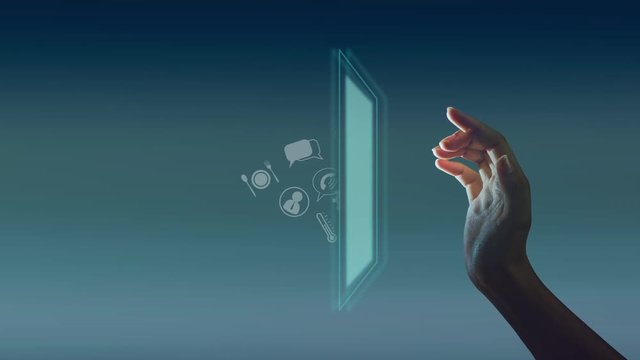 4K Cenimagraph, Technological Abstract background is connecting people with the hand touching hologram on the screen & a lot of icon utility throw out from screen, technology internet of thing concept