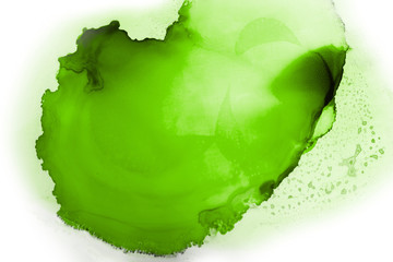 Green alcohol ink texture with abstract washes and paint stains on the white paper background.	