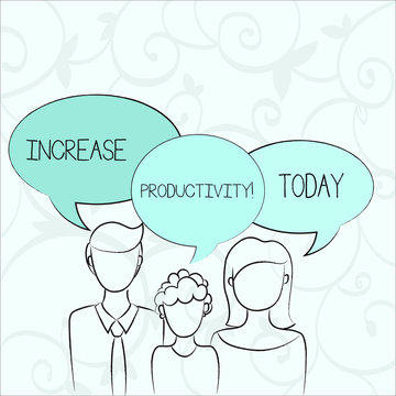 Text sign showing Increase Productivity. Business photo showcasing Improve the efficiency of production processes Family of One Child Between Father and Mother and Their Own Speech Bubble