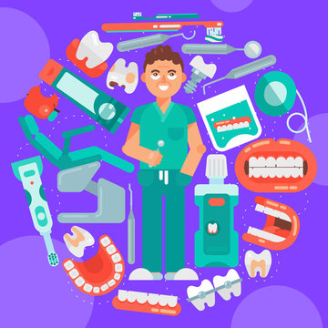 Dental clinic round pattern vector illustration. Dental care web design. Set of dental tools and equipment. Dentistry, Orthodontics. Healthy clean teeth. Teeth brush, paste, tooth wash and floss.