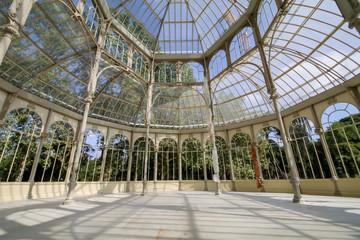 Interior of Crystal Palace (Palacio de cristal) in the Retiro Park in Madrid. Spain. It was built in 1887 to exhibit flora and fauna from the Philippines. The architect was Ricardo Velazquez Bosco.