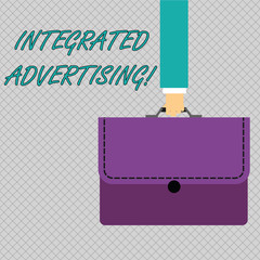 Conceptual hand writing showing Integrated Advertising. Concept meaning Unified experience to consumer to interact with brand Businessman Carrying Colorful Briefcase Portfolio Applique