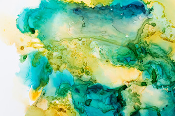 Colorful alcohol ink texture with abstract washes and paint stains on the white paper background.	