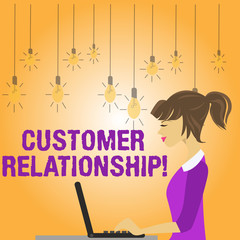 Writing note showing Customer Relationship. Business concept for ways how company analysisage relations with customers photo of Young Busy Woman Sitting Side View and Working on her Laptop