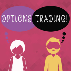 Word writing text Options Trading. Business photo showcasing seller gives buyer right but not obligation buy sell shares Bearded Man and Woman Faceless Profile with Blank Colorful Thought Bubble
