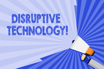 Word writing text Disruptive Technology. Business photo showcasing one that displaces an established technology Hand Holding Megaphone with Blank Wide Beam for Extending the Volume Range