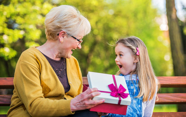 Grandmother surprised her grandchild with a birthday present in the park. Lifestyle, family concept