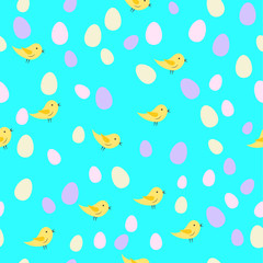 Fototapeta na wymiar Easter seamless pattern with colorful eggs and birds. Spring holidays vector illustration. Background for party invitation, greeting card, banner, poster, wrapping paper, fabric, textile.