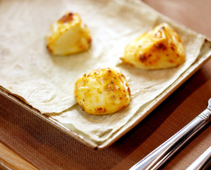Delicious fried Armenian cheese photographed on the table