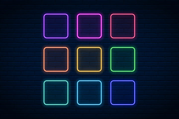 Vector glowing neon arrow  on dark brick wall background.