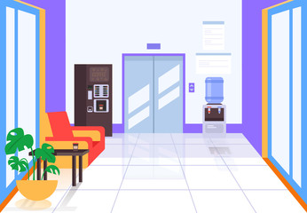 Business center hall with elevator and coffee machine. Business life building concept. Vector flat cartoon graphic design illustration © PrettyVectors