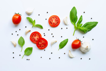 Various fresh vegetables and herbs on white background. Healthy eating concept