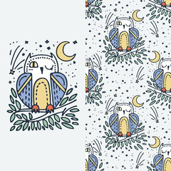 Set of seamless cute childish pattern and doodle cut image with hand drawn cute animals. Creative doodle kids texture for fabric, wrapping, textile, wallpaper, prints, apparel