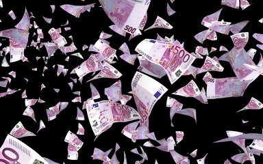 Flying euro banknotes isolated on a dark background. Money is flying in the air. 500 EURO in color. 3D illustration