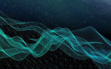 Abstract landscape on a dark background. Cyberspace grid. hi tech network. Outer space. Starry outer space texture. 3D illustration