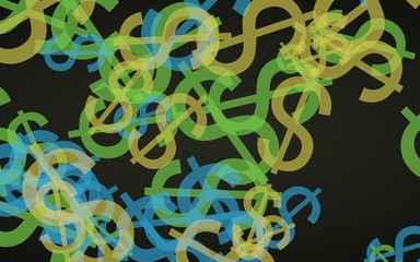 Multicolored translucent dollar signs on dark background. 3D illustration