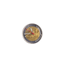 financial analysis: 2 euro coin with hour hands on a white background, short focus, close