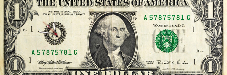 Plakat investment in currencies: 1 dollar bill with hour hands, short focus, toning, close