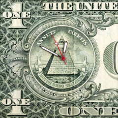 Fototapeta na wymiar investment in currencies: 1 dollar bill with hour hands, short focus, toning, close