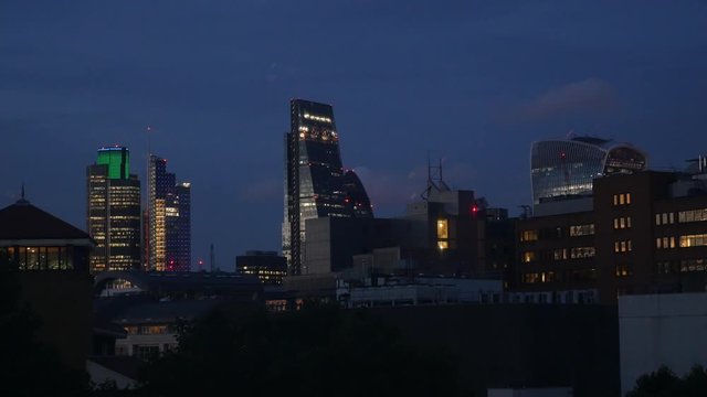 establishing shot of multiple skyscrapers of London financial city 