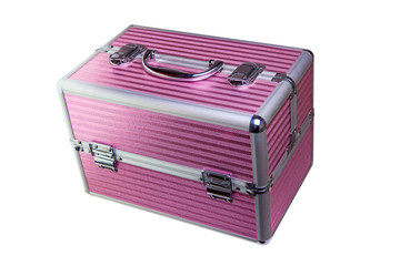 large pink metal portable cosmetic case with locks isolated on white background, short focus